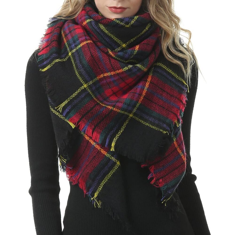 Womens Fall Winter Scarf Plaid Tassel Soft Warm Blanket Scarves Womens Shawl Wra